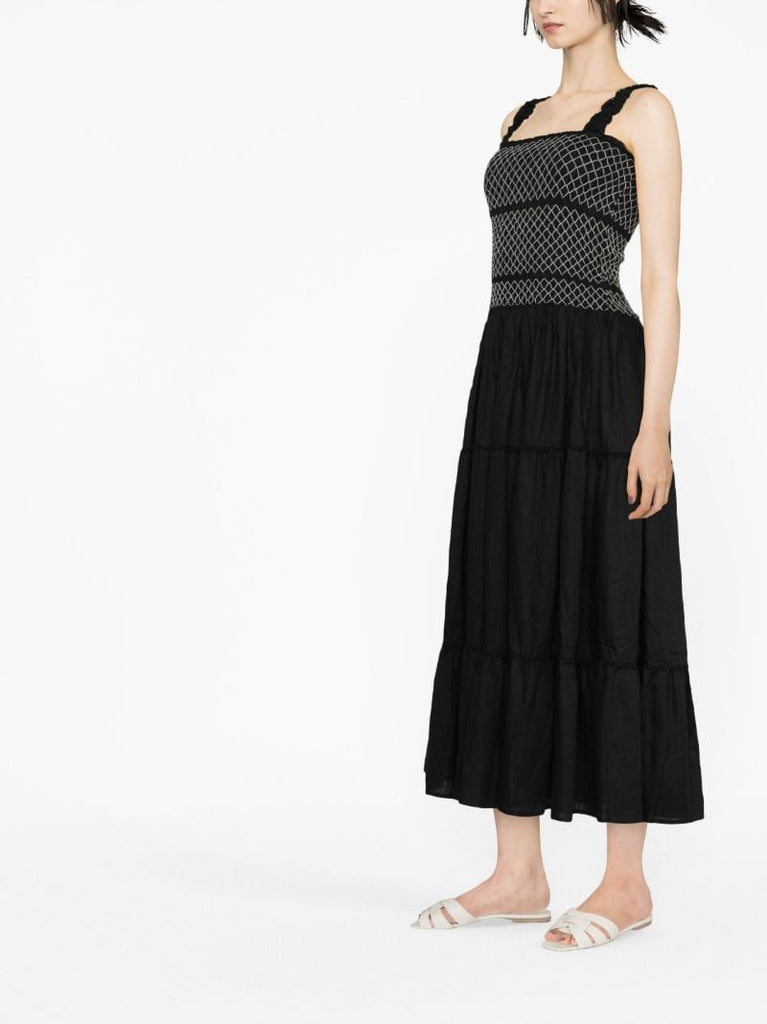 Black Shirred Linen Maxi Dress