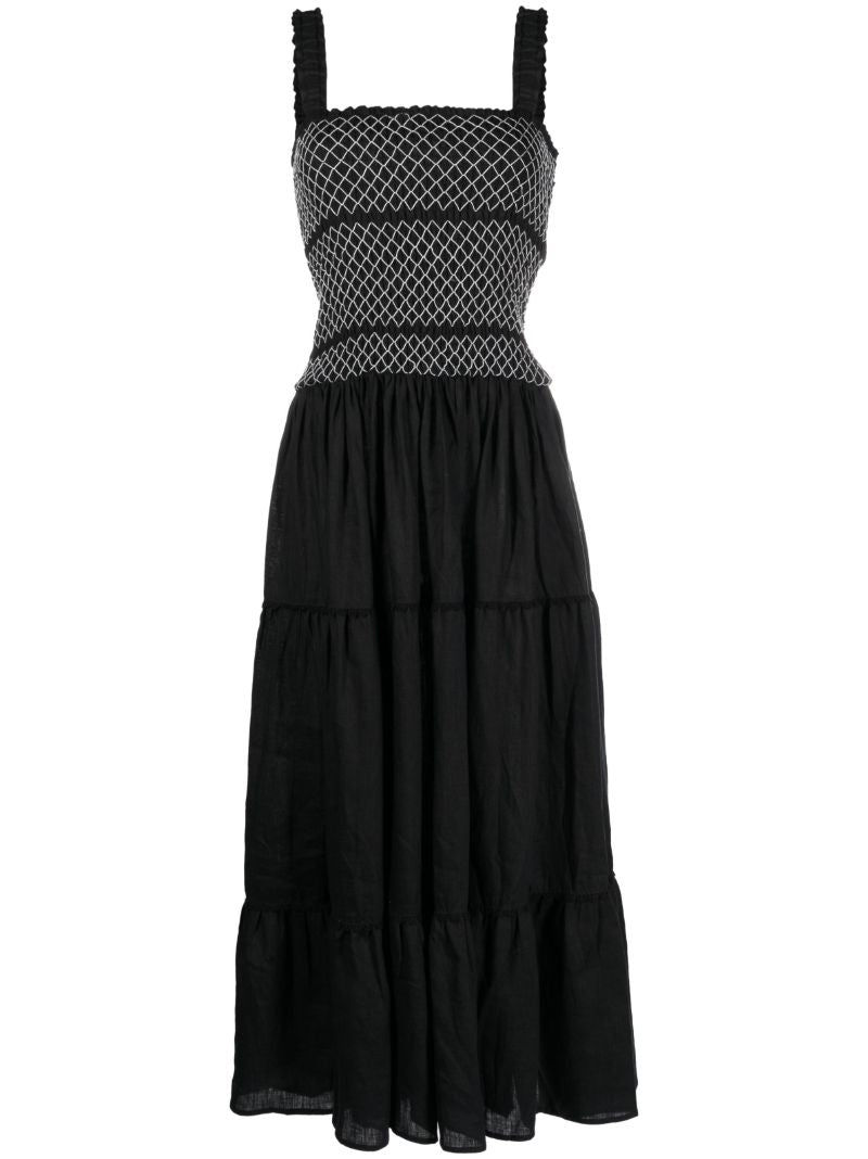 Black Shirred Linen Maxi Dress