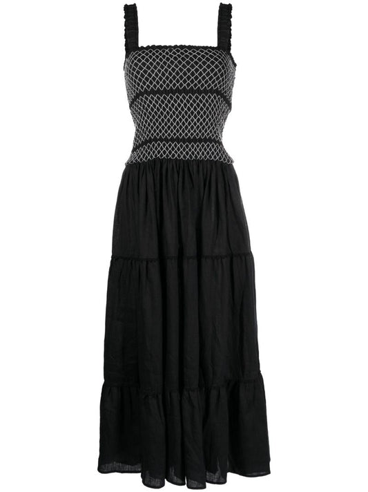Black Shirred Linen Maxi Dress