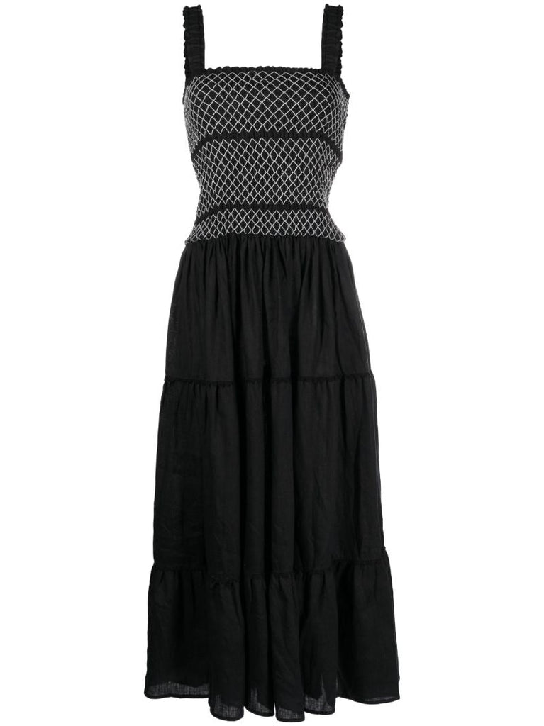 Black Shirred Linen Maxi Dress