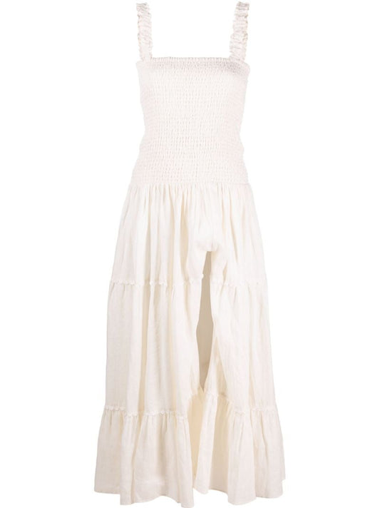 White Shirred Tiered Linen Dress