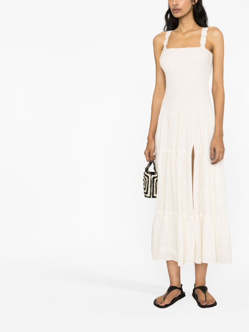 White Shirred Tiered Linen Dress