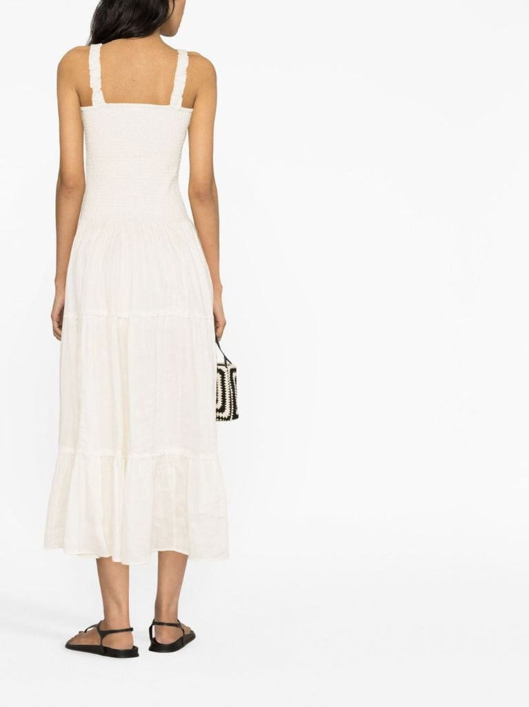 White Shirred Tiered Linen Dress