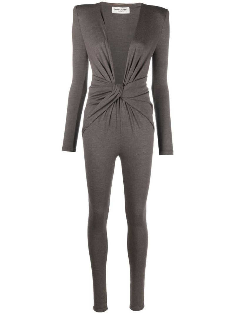 Brown Twist Front Wool Jumpsuit