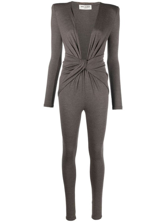 Brown Twist Front Wool Jumpsuit
