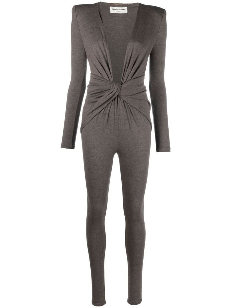 Brown Twist Front Wool Jumpsuit