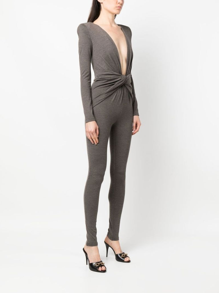 Brown Twist Front Wool Jumpsuit
