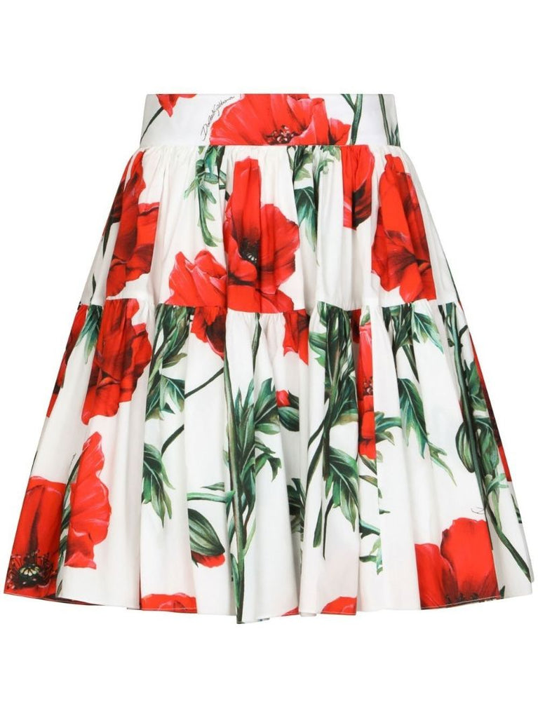 White Floral Flared Cotton Skirt
