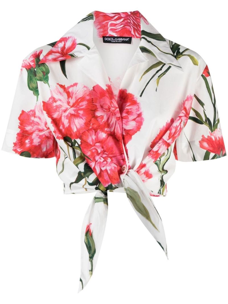 White Carnation Print Cropped Shirt