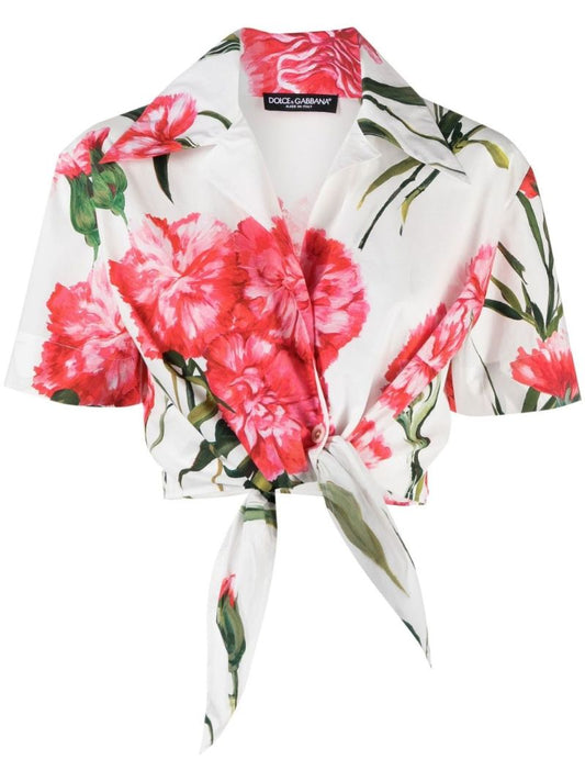 White Carnation Print Cropped Shirt