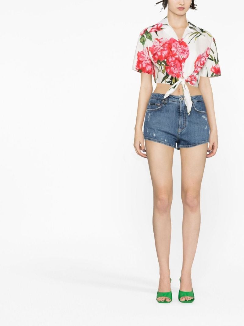 White Carnation Print Cropped Shirt