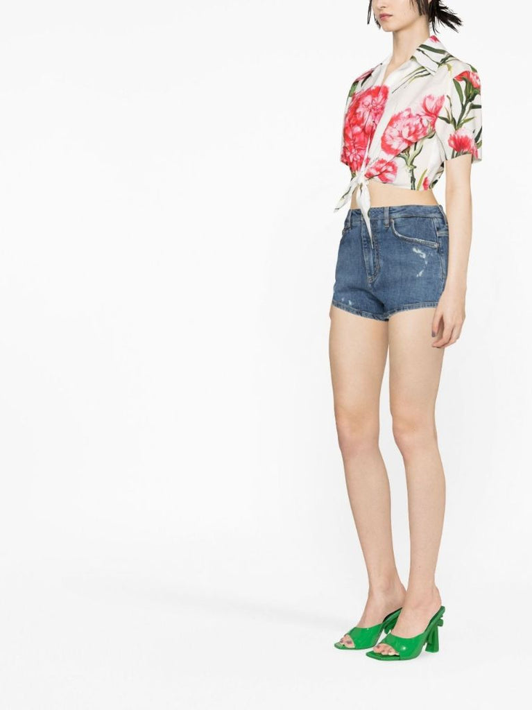 White Carnation Print Cropped Shirt