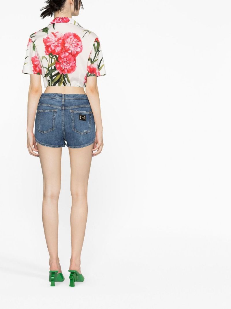 White Carnation Print Cropped Shirt