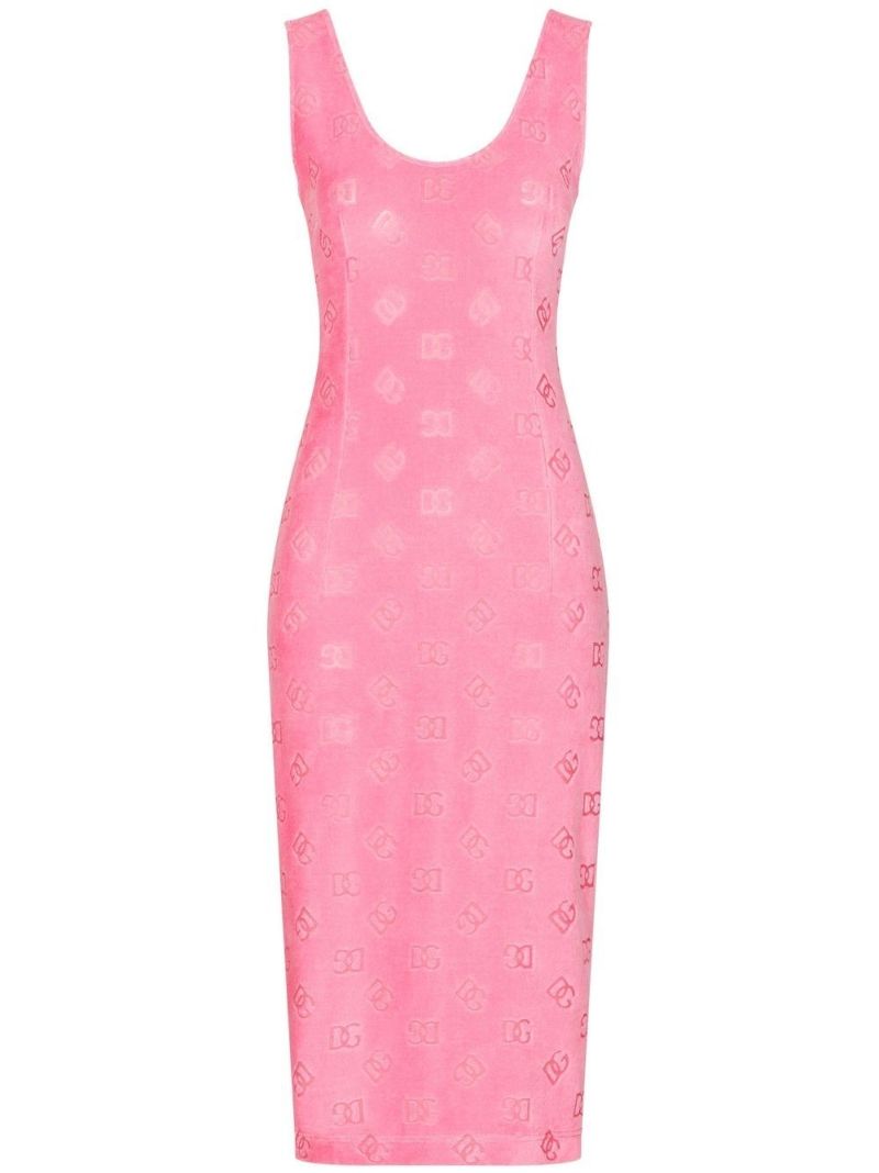 Pink Monogram Print Velour Midi Dress