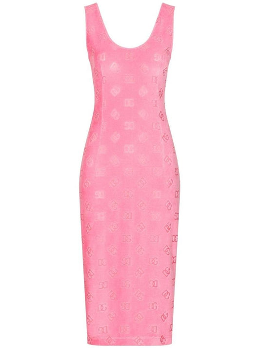 Pink Monogram Print Velour Midi Dress