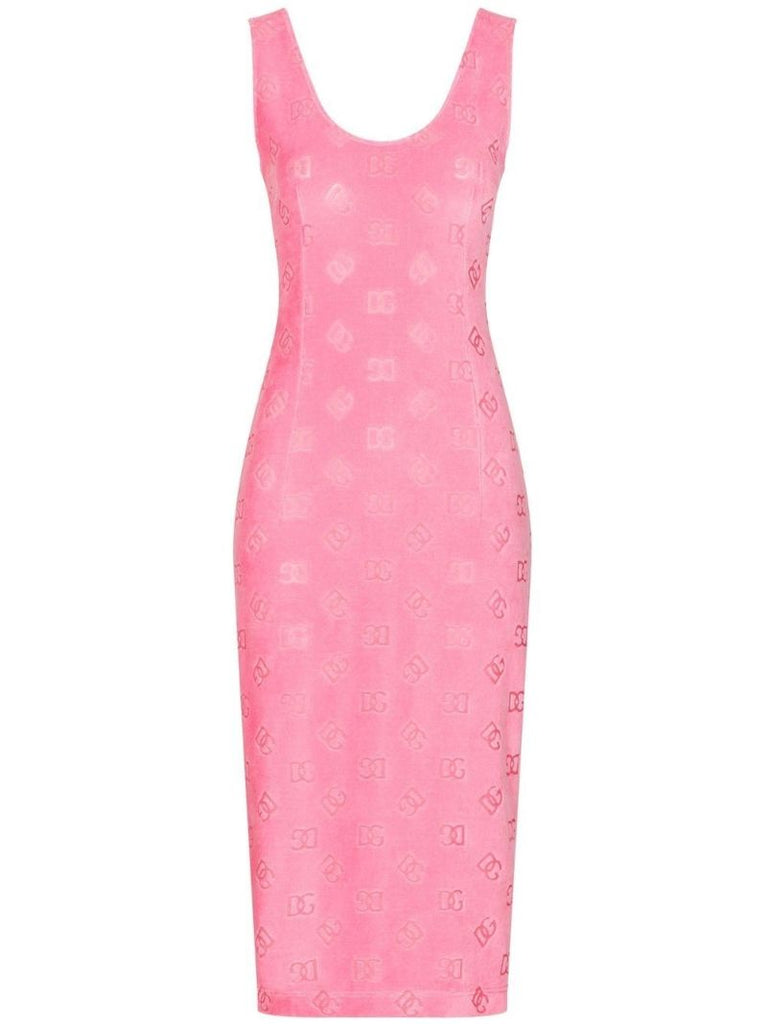 Pink Monogram Print Velour Midi Dress