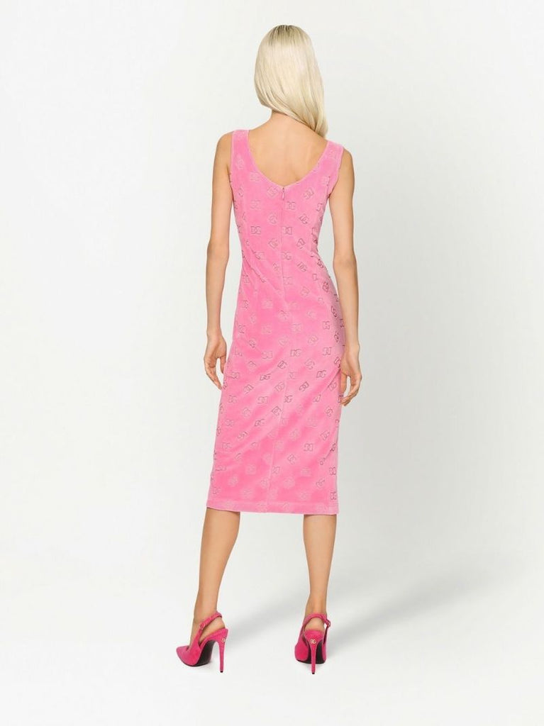Pink Monogram Print Velour Midi Dress
