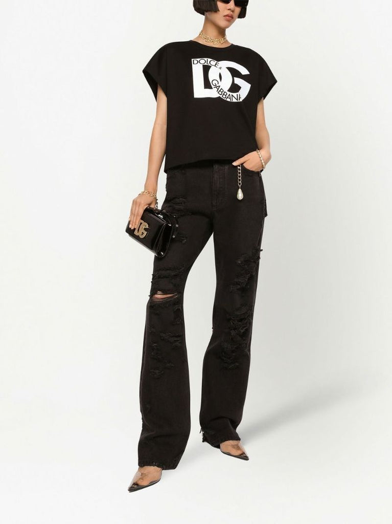 Black Distressed Straight-leg Jeans