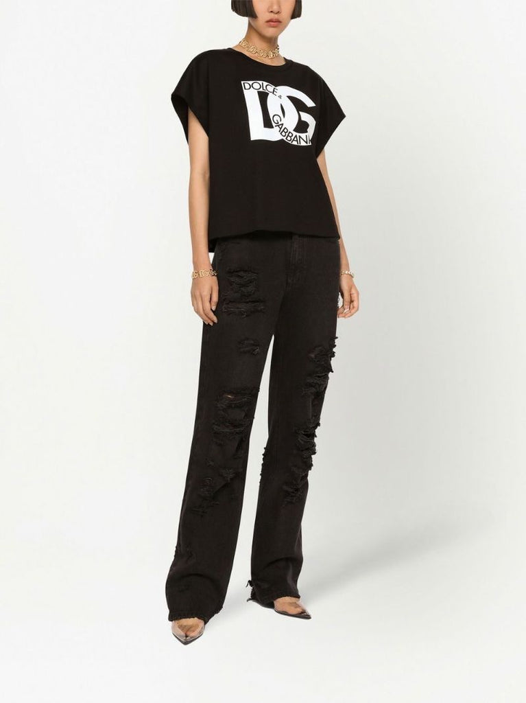 Black Distressed Straight-leg Jeans