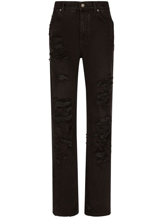 Black Distressed Straight-leg Jeans