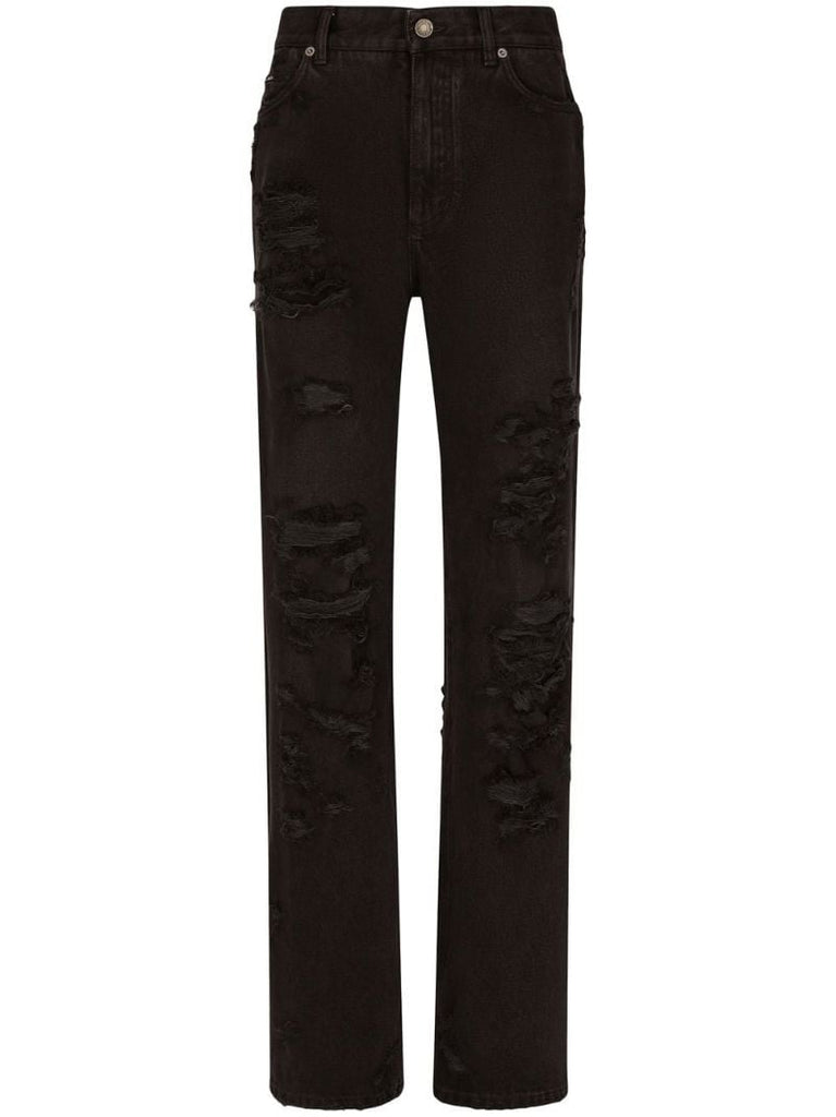 Black Distressed Straight-leg Jeans