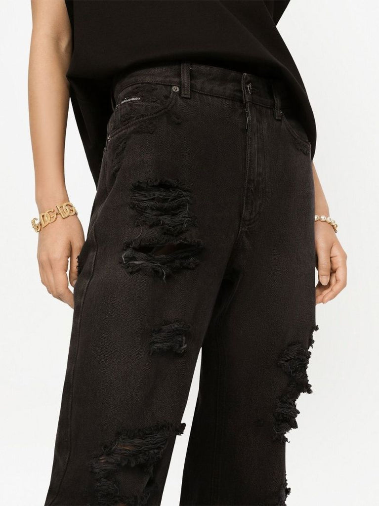 Black Distressed Straight-leg Jeans