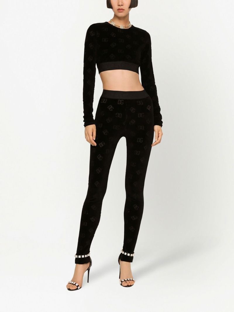 Black Monogram Print Velour Leggings