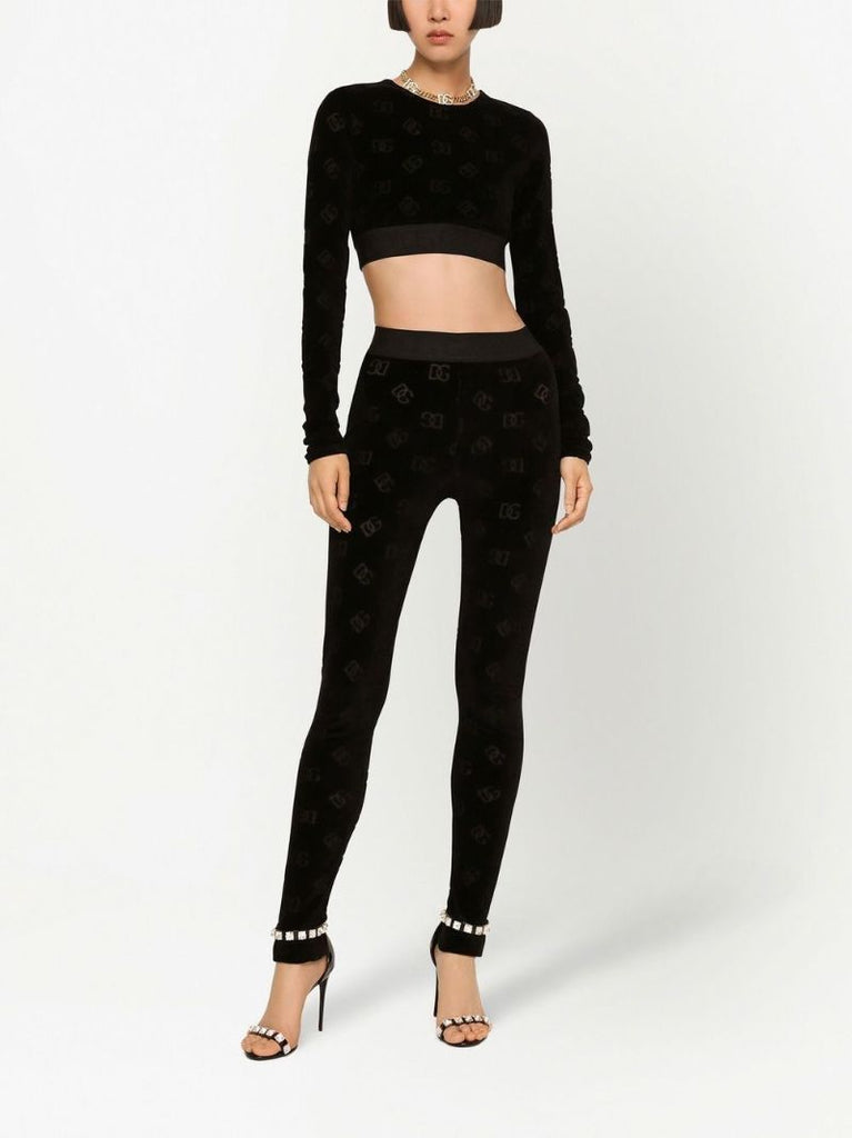 Black Monogram Print Velour Leggings