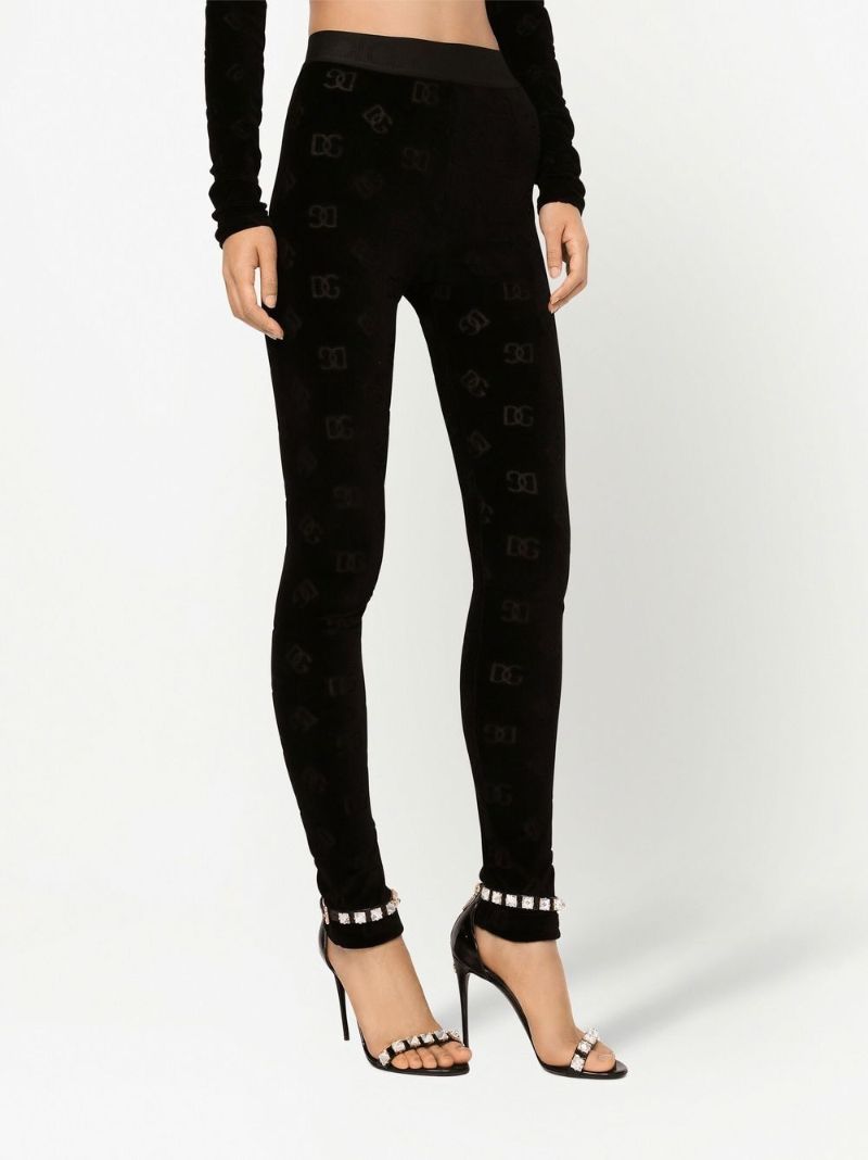 Black Monogram Print Velour Leggings