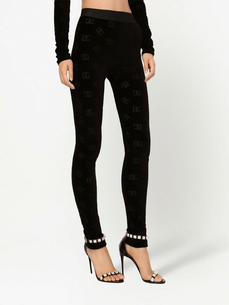 Black Monogram Print Velour Leggings