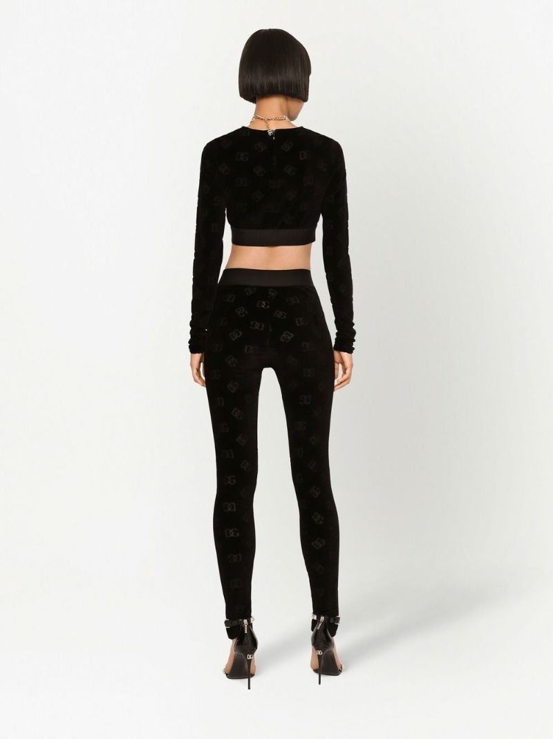 Black Monogram Print Velour Leggings