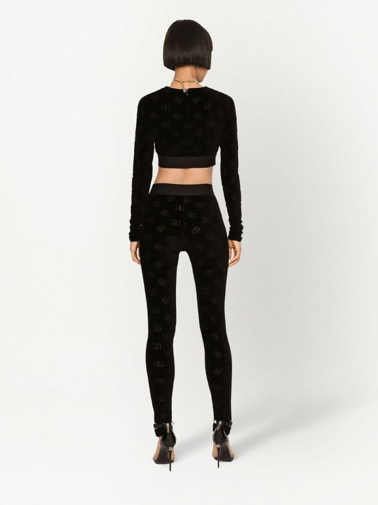 Black Monogram Print Velour Leggings