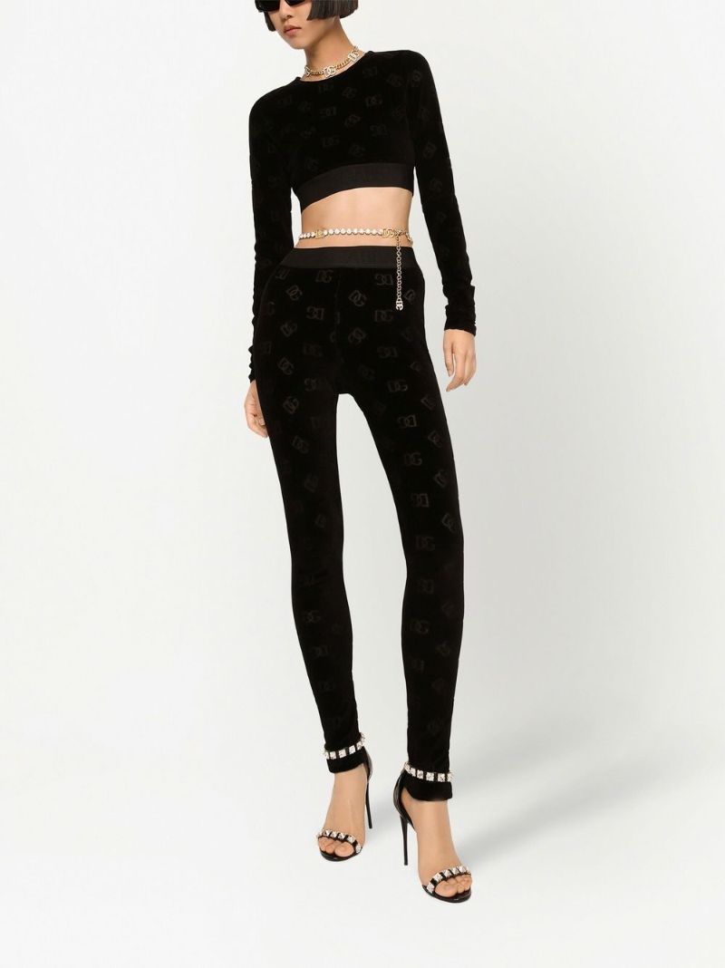 Black Monogram Print Velour Leggings