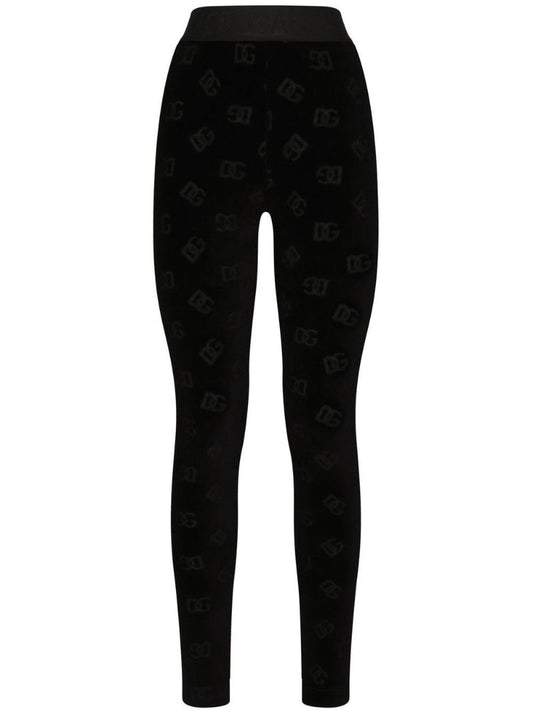 Black Monogram Print Velour Leggings