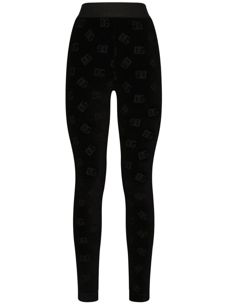 Black Monogram Print Velour Leggings