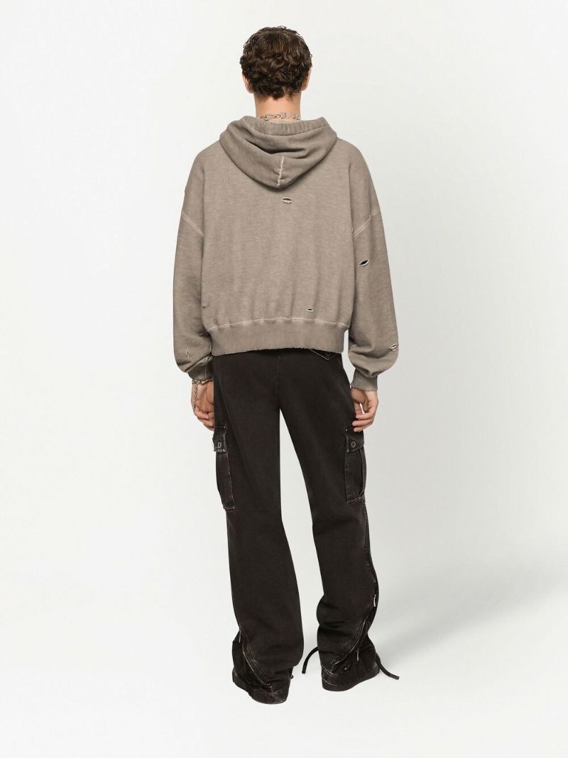 Grey Logo Print Distressed Cotton Hoodie