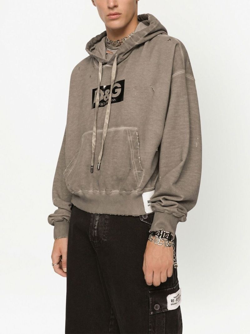 Grey Logo Print Distressed Cotton Hoodie