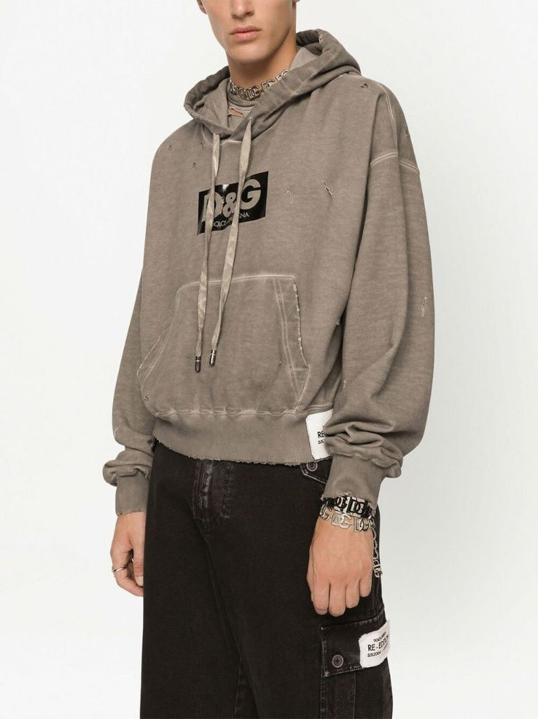 Grey Logo Print Distressed Cotton Hoodie