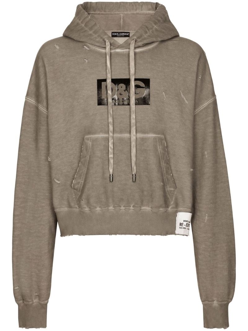 Grey Logo Print Distressed Cotton Hoodie