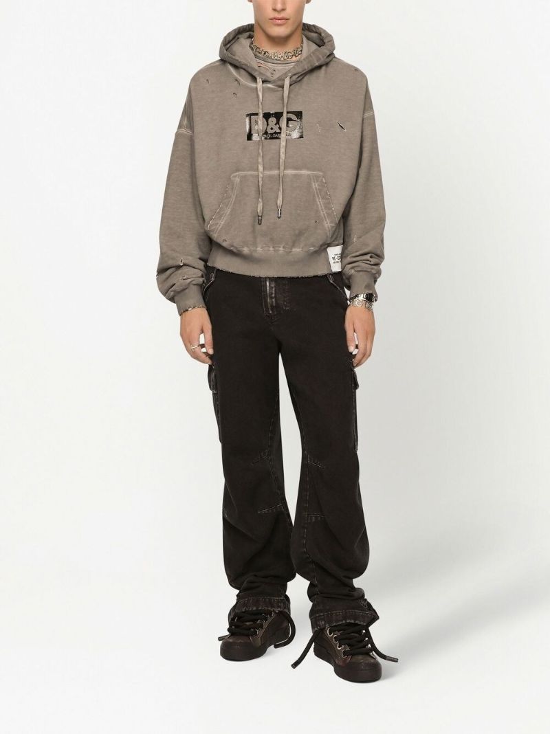 Grey Logo Print Distressed Cotton Hoodie
