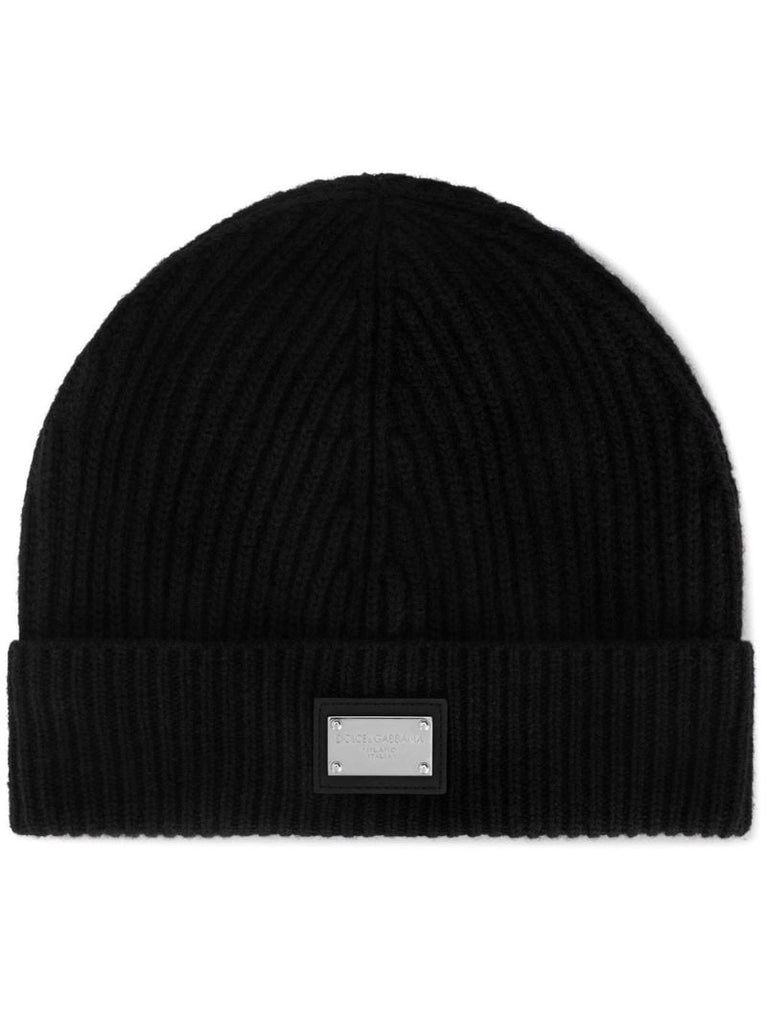 Black Logo Plaque Ribbed Beanie