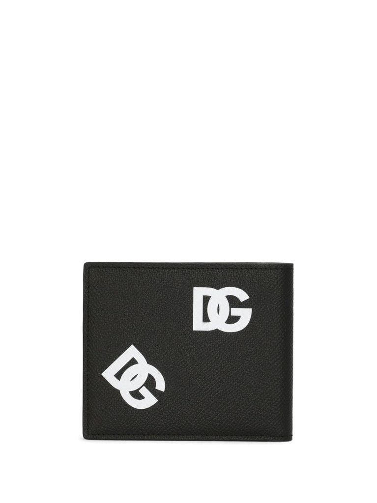 Black Logo Print Bi-fold Leather Wallet