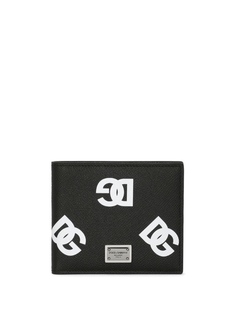 Black Logo Print Bi-fold Leather Wallet