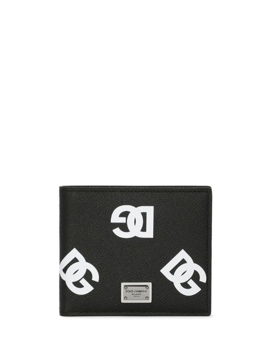 Black Logo Print Bi-fold Leather Wallet