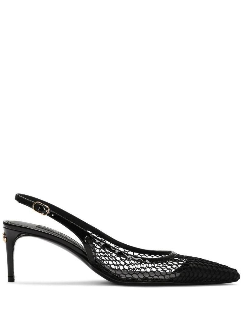Black Leather and Mesh Slingback Pumps