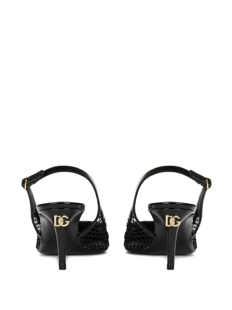 Black Leather and Mesh Slingback Pumps
