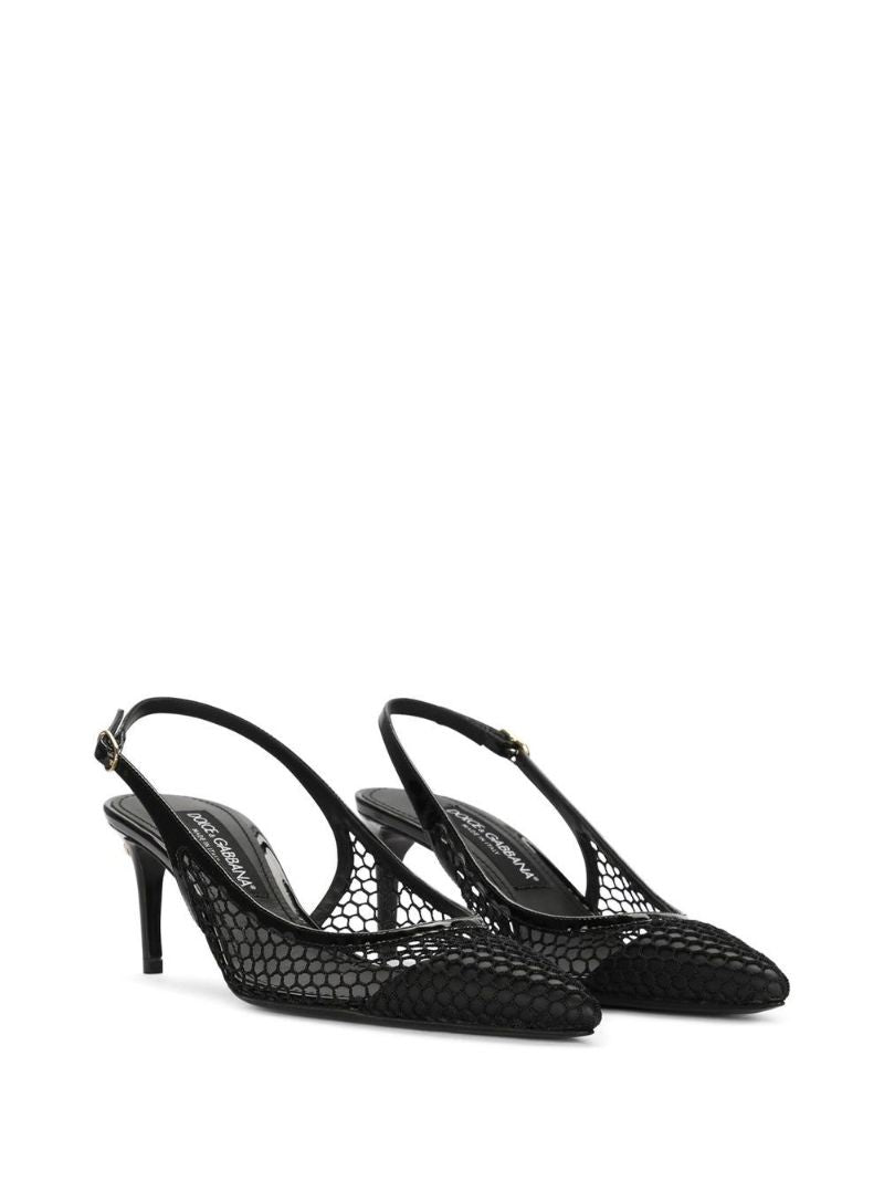Black Leather and Mesh Slingback Pumps