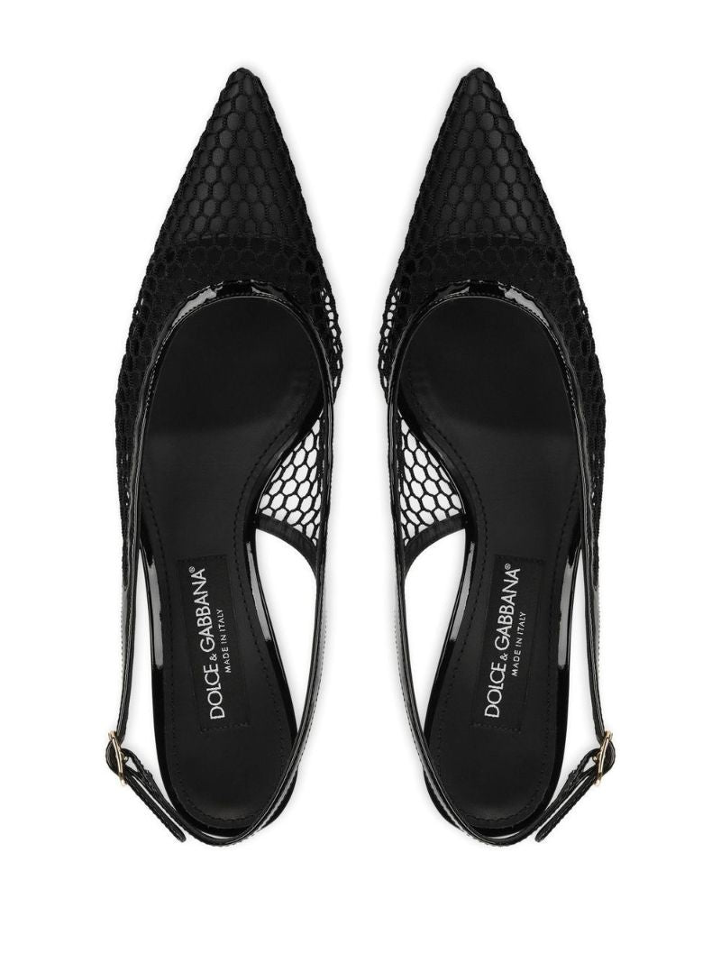 Black Leather and Mesh Slingback Pumps