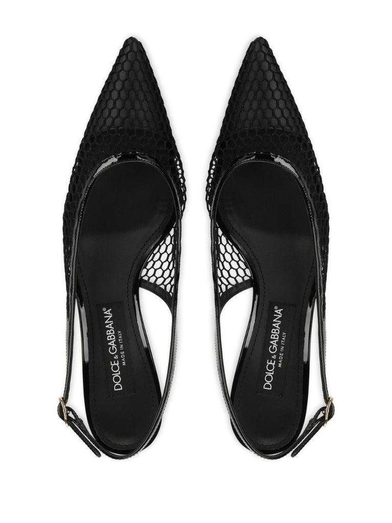 Black Leather and Mesh Slingback Pumps