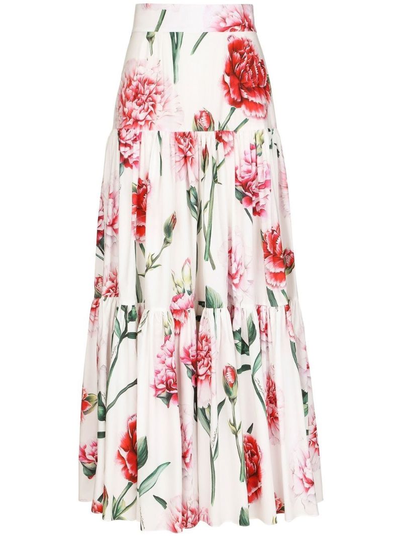 White Floral Print Tiered Maxi Skirt